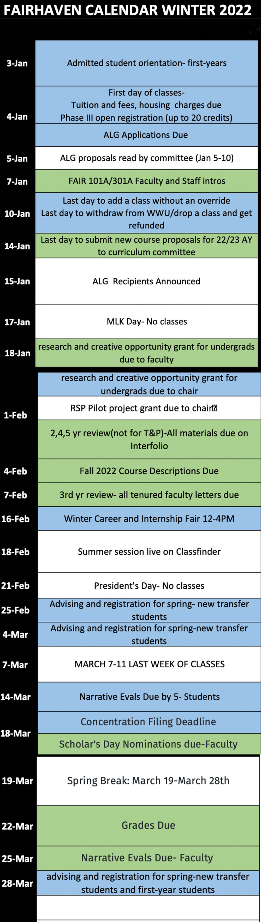 Fairhaven College Calendar Winter 2022 | Fairhaven College of